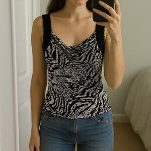 Womens Y2K 90s McBling Zebra Tank Top Cowl Neck Lace‎ Straps Sexy 2000s Medium